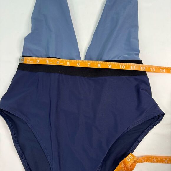 Aerie One Piece Swimsuit Size L Blue Colorblock Deep V Neck Pin Up Open Back - Picture 2 of 5